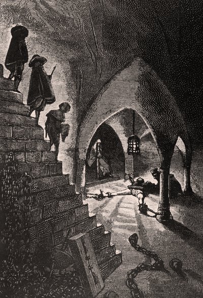 La Cave Pénale - Illustration aus L’Homme qui rit, 19. Jahrhundert von Georges Marie Rochegrosse