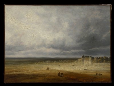 Landschaft mit gepflügtem Feld und Dorf von Georges Michel