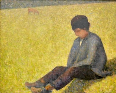 Auf einer Wiese sitzender Knabe von Georges Seurat