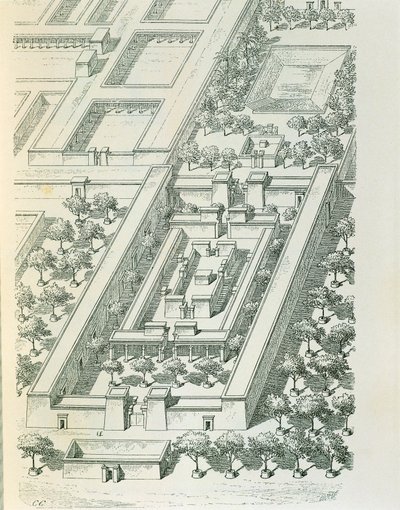 Radierung, die eine perspektivische Ansicht eines Gebäudes in Tell el-Amarna darstellt, von Georges Perrot und Charles Chipiez von Georges and Chipiez Charles Perrot