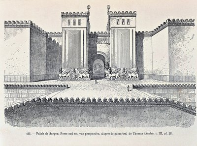 Rekonstruktion des südöstlichen Tores des Palastes von Sargon in Dur-Sharrukin (Radierung) von Georges and Chipiez Charles Perrot