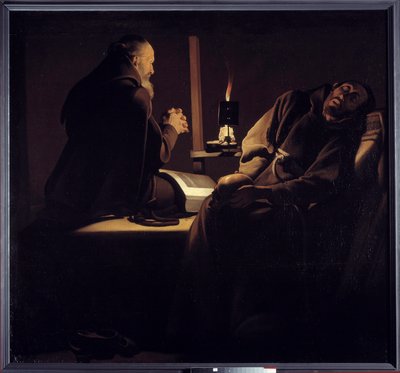 Die Ekstase des Heiligen Franziskus, auch genannt ein Mönch im Gebet neben einem sterbenden Mönch oder die zwei Mönche. von Georges de la (after) Tour