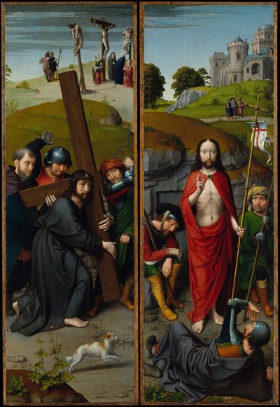 Christus trägt das Kreuz, mit der Kreuzigung, der Auferstehung, mit den Pilgern von Gerard David