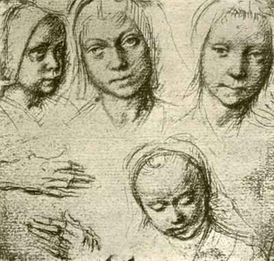 Vier Köpfe eines jungen Mädchens und zwei Hände, um 1500-1505, 1908 von Gerard David