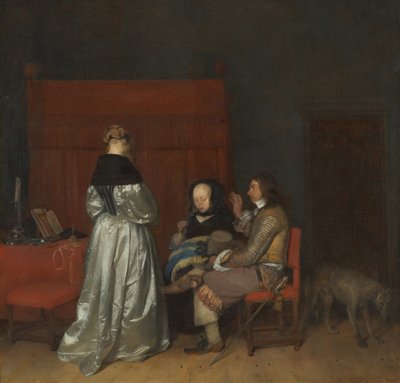 Drei Figuren im Gespräch in einem Innenraum Die väterliche Ermahnung, ca. 1654 von Gerard Ter Borch the Younger