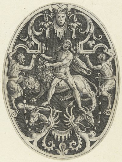 Flächendekoration: Herkules und der nemeische Löwe (Ovale Flächendekorationen mit den Taten des Herkules in Grotesken) von Gerard de Jode