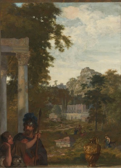 Italienische Landschaft mit zwei römischen Soldaten (Dekoration für ein Zimmer im Haus von Jacob de Flines in Amsterdam) von Gerard de Lairesse
