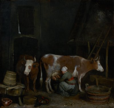 Eine Magd melkt eine Kuh in einem Stall von Gerard ter Borch
