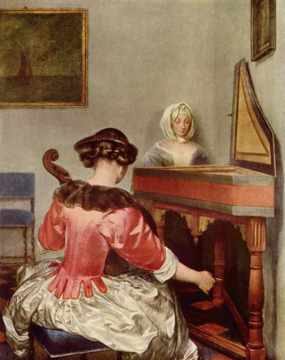 Zwei Frauen spielen Musik in einem Innenraum von Gerard ter Borch
