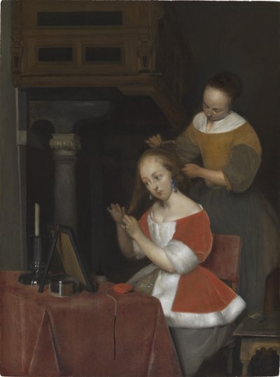 Frau sitzt an ihrem Toilettentisch von Gerard ter Borch