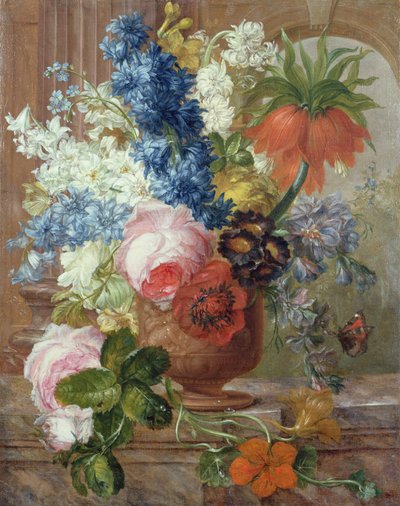 Rosen, Rittersporn, Anemone, Kapuzinerkresse und eine Kaiserliche Lilie in einer skulptierten Urne auf einem Marmorsims von Gerard van (after) Spaendonck