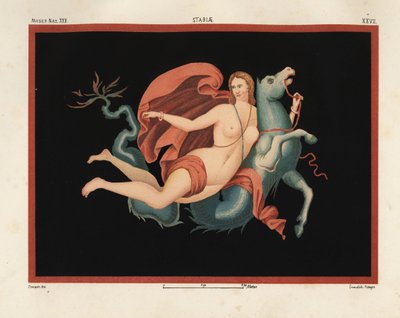 Eine Nereide (Meernymphe) im Mantel und mit Armbändern reitend auf einem Seeungeheuer oder Hippokampus, halb Pferd und halb Fisch. Museo Naz. XXII, Stabiae. Gezeichnet und chromolithographiert von Victor Steeger aus Emile Presuhn (1844-1878) Die schönsten  von Geremia Discanno