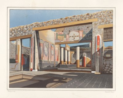 Ansicht des Tablinums, ein Raum neben dem Atrium, im Haus des Bankiers Lucius Caecilis Iucundus, Reg V, Ins 1, 26. Chromolithographie von Victor Steeger nach einer Illustration von Geremia Discanno aus Emile Presuhn von Geremia Discanno