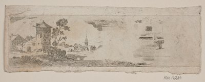 Probedruck einer Landschaft mit Burg und Kirche von Gerhard Ludvig Lahde