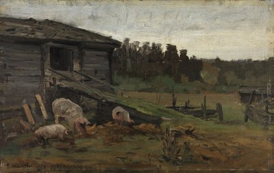 Schweine an der Scheunenbrücke von Gerhard Munthe