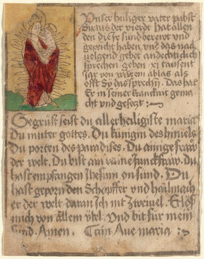 Madonna und Kind in einer Glorie mit einem Ablass und einem Gebet von German 15th Century
