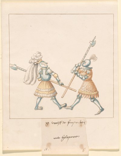 Freydal, Das Buch der Turniere und Turniere von Kaiser Maximilian I.: Kämpfe zu Fuß (Turniere)(Band III): G. Wolf von Fürstenberg mit Heleparten, Tafel 141 von German 16th Century