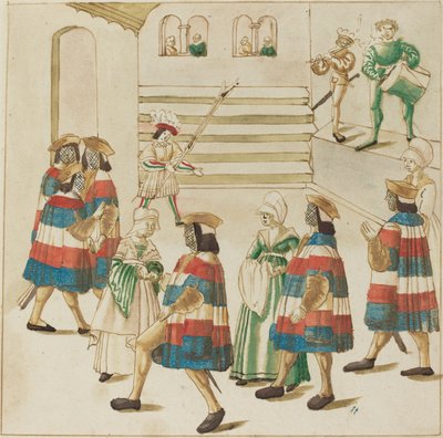 Männer in Rot, Weiß und Blau tanzen mit ihren Partnern von German 16th Century