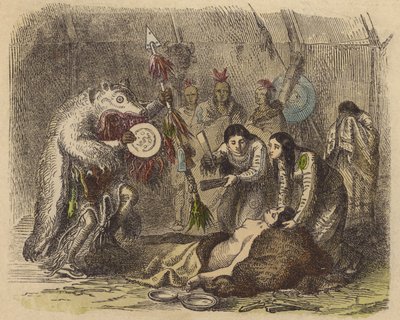 Ein indianischer Medizinmann rezitiert eine Beschwörung zur Heilung von Krankheiten (kolorierte Gravur) von German School
