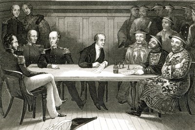 Eine Konferenz in Chusan zwischen Commodore Bremer und Chang, einem chinesischen Beamten, an Bord der HMS Wellesley, 4. Juli 1841 von German School