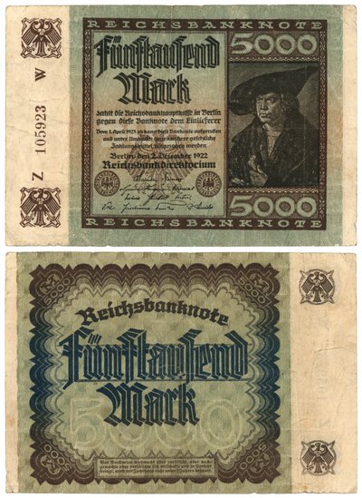 Eine Fünftausend-Mark-Banknote, 1922 (Vorder- und Rückseite) von German School