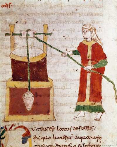 Eine Frau schöpft Wasser aus dem Brunnen. Miniatur aus dem Band „De puteis“ des Manuskripts „De Universo“ (oder De rerum naturis) von Rabanus Maurus Magnentius (ca. 780-856). 9. Jahrhundert von German School