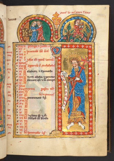 Mai, aus 12 Kalenderseiten in Gold und Farben, mit architektonischen Rahmen, die jeweils ein Sternzeichen, einen Apostel und eine Arbeit des Monats enthalten (Pergament) von German School