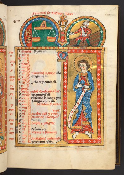 September. 12 Kalenderseiten in Gold und Farben, mit architektonischen Rahmen, die jeweils ein Sternzeichen, einen Apostel und eine Arbeit des Monats enthalten. Psalter. Illuminierter Psalter mit einem Kalender, Cantica und Litaneien für den Gebrauch von n von German School