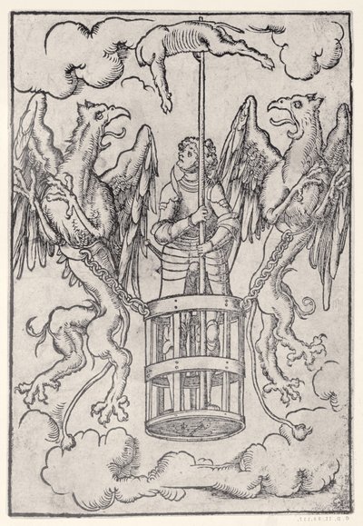 Alexander der Große wird von zwei Greifen in die Luft getragen, um 1525 von German School