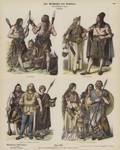 Alte germanische Kostüme (farbige Gravur) von German School