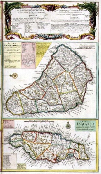 Barbados und Jamaika, Detail aus einer Karte der englischen Kolonien in der Karibik, veröffentlicht von Homanns Erben, Nürnberg, um 1750 (Detail) von German School