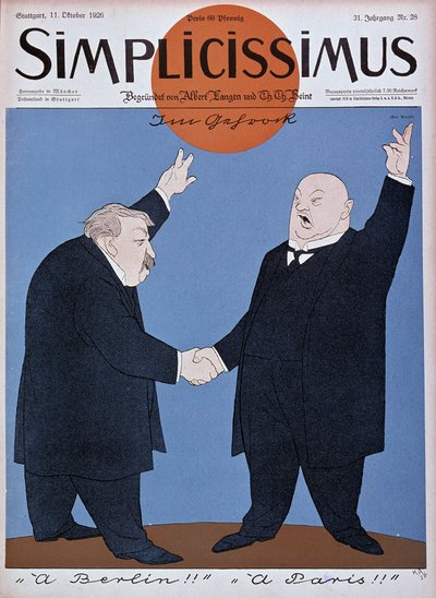 Karikatur zur deutsch-französischen Annäherung: Briand und Stresemann - in „Simplicissimus“ vom 11.10.1926 (Gravur) von German School