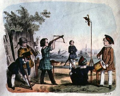Kinder schießen auf ein Ziel mit einer Arkebuse, ca. 1860 von German School