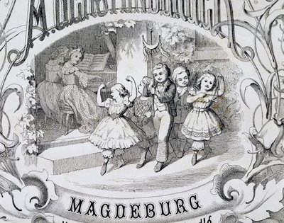Kindertanzszene, Detail der Titelseite einer Sammlung von Musik und Tänzen für Kinder, veröffentlicht in Magdeburg, Deutschland von German School