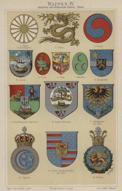 Wappen von Hawaii und Ländern Asiens und Afrikas von German School