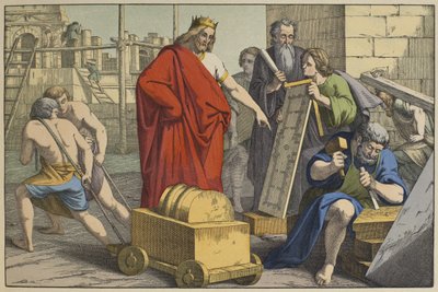 Bau des Tempels von Jerusalem, Illustration aus dem Alten Testament, veröffentlicht von Jakob Ferdinand Schreiber, Esslingen (Farbstich) von German School