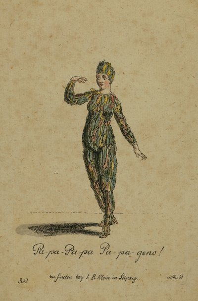 Kostümentwurf für die Rolle des Papageno in der Oper Die Zauberflöte von Wolfgang Amadeus Mozart, veröffentlicht in Leipzig von I. B. Klein, 1793 von German School