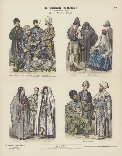 Kostüme Zentralasiens, späte 19. Jahrhundert (farbige Gravur) von German School