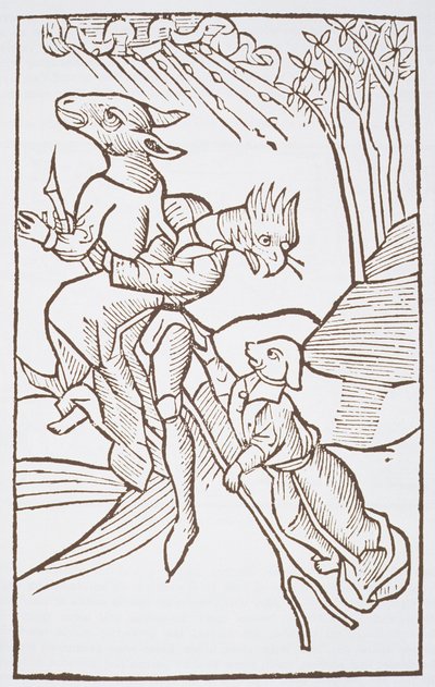 Abreise zum Sabbat, Kopie einer Illustration aus Von den Unholden oder Hexen von Ulrich Molior, Konstanz 1489, verwendet in einer Geschichte der Magie, veröffentlicht Ende des 19. Jahrhunderts von German School