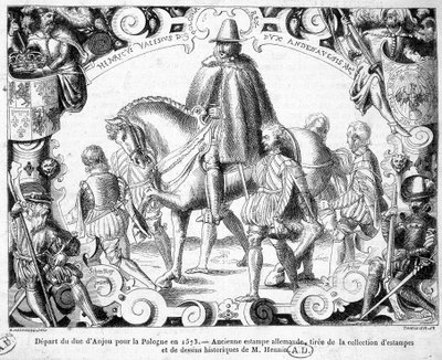 Abreise des Herzogs von Anjou nach Polen im Jahr 1573 (gewählter König von Polen, er wird seine Krone übernehmen) - Ein alter deutscher Druck aus der Sammlung von Drucken und historischen Zeichnungen von Herrn Hennin von German School