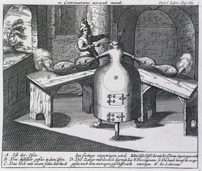 Destillation von Salpetersäure (Aqua fortis oder Scheidewasser) in einem Eisenmann mit zwei Nasen von German School
