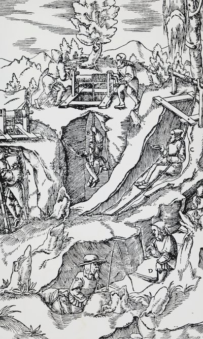 Gravur aus De re metallica (Über die Natur der Metalle) von Georg Pawer oder Georgius Agricola, veröffentlicht in Basel von German School