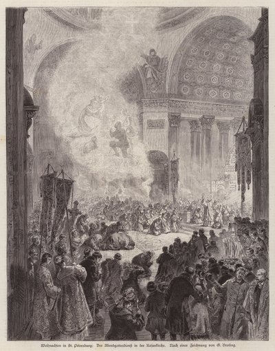Abendgottesdienst in der Kasaner Kathedrale, St. Petersburg, Russland, zu Weihnachten (Stich) von German School