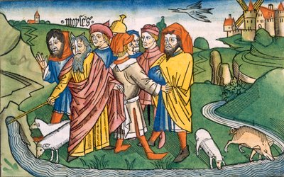 Exodus 17:1-7 Mose lässt das Wasser aus den Felsen von Horeb fließen, aus der Nürnberger Bibel (Biblia Sacra Germanaica) von German School