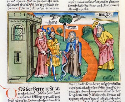 Exodus 7:8-25 Aarons Stab in Form einer Schlange verschlingt die Schlangen der Weisen und Zauberer des Pharaos, und Mose verwandelt das Wasser des Nils in Blut, aus der Nürnberger Bibel (Biblia Sacra Germanaica) von German School