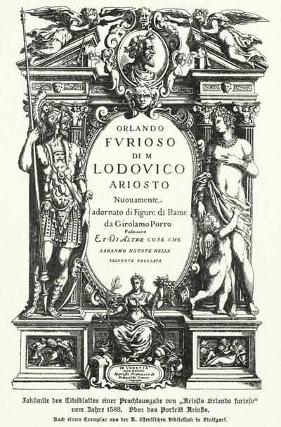 Faksimile der Titelseite einer Ausgabe von 1583 des epischen Gedichts Orlando Furioso des italienischen Dichters Ludovico Ariosto (Lithografie) von German School