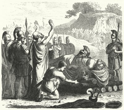 Begräbniszeremonie nach der Schlacht von Koroneia, 394 v. Chr. (Gravur) von German School