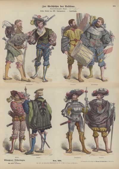 Deutsche Landsknechte (Söldner), frühes 16. Jahrhundert (farbige Gravur) von German School