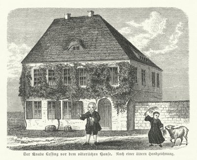 Der deutsche Philosoph und Dramatiker Gotthold Ephraim Lessing als Junge vor dem Haus seines Vaters in Kamenz von German School