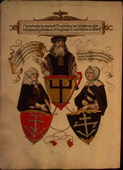 Hans Fugger und seine zwei Frauen Clara Widolf und Elisabeth Gfattermann, aus dem Geheim Ehrenbuch des Fuggerschen Geschlechts von German School